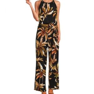 T Tahari Black Tropical-Leaf Wide-Leg Jumpsuit with Brown & Olive Print size M
